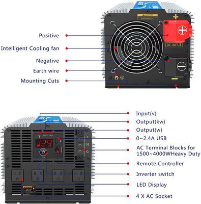 Сверхмощный инвертор энергии волн синуса СИД 4000W инвертора 12V 2.4A гибридный солнечный чистый